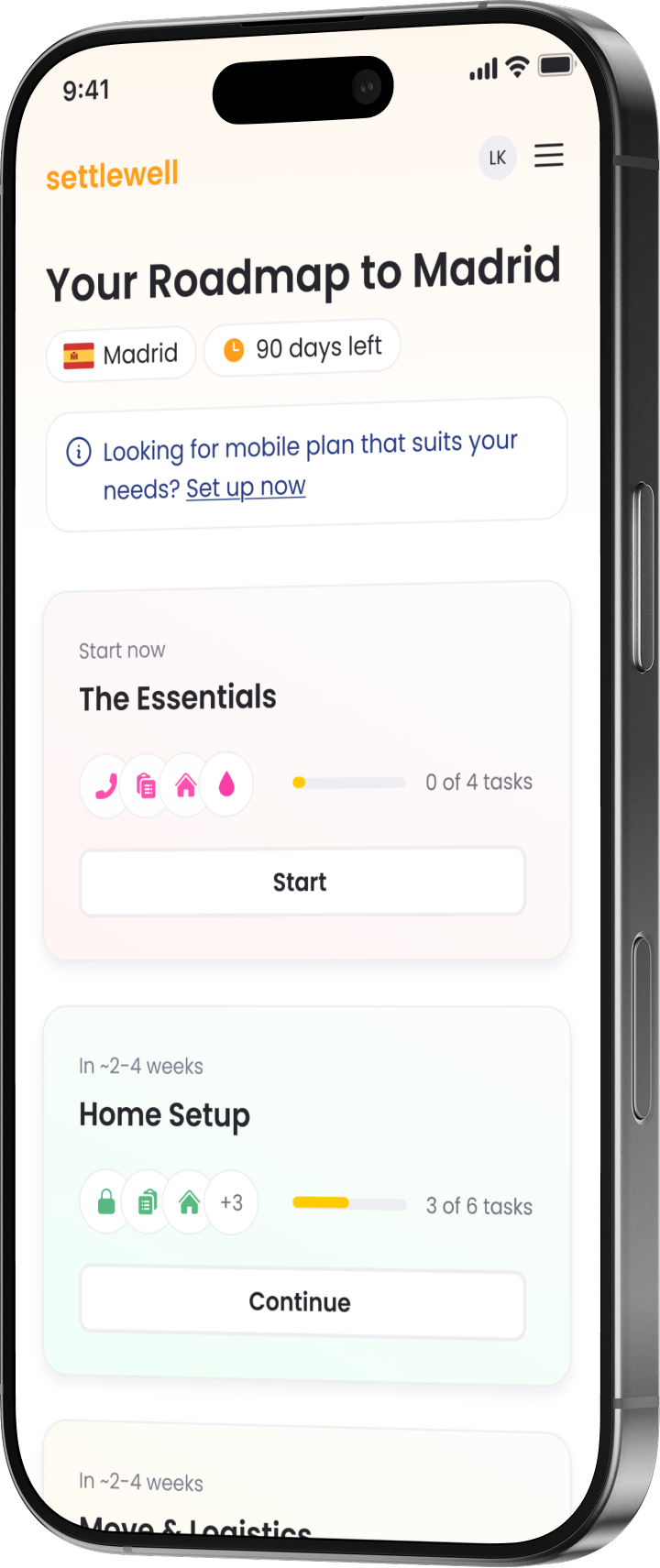 Settlewell mobile app showing a Spain move-in checklist