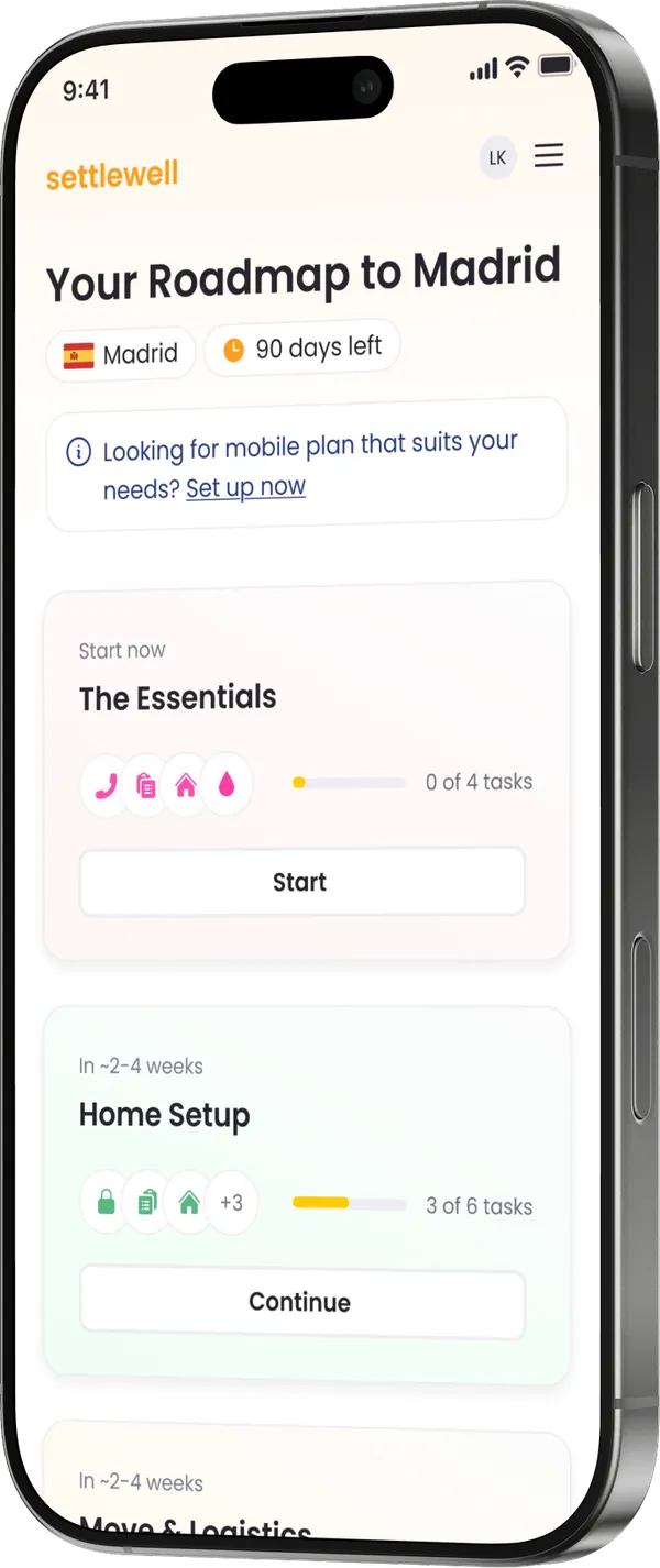Settlewell mobile app showing a Spain move-in roadmap